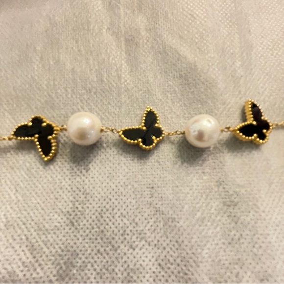Elegant White Freshwater Pearl and Black Butterfly Enameled Bracelet